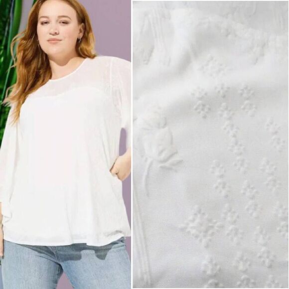 Torrid White Flocked Mesh Crew Neck Bell Sleeve Swing Top Plussize 2X NWT - Picture 4 of 14